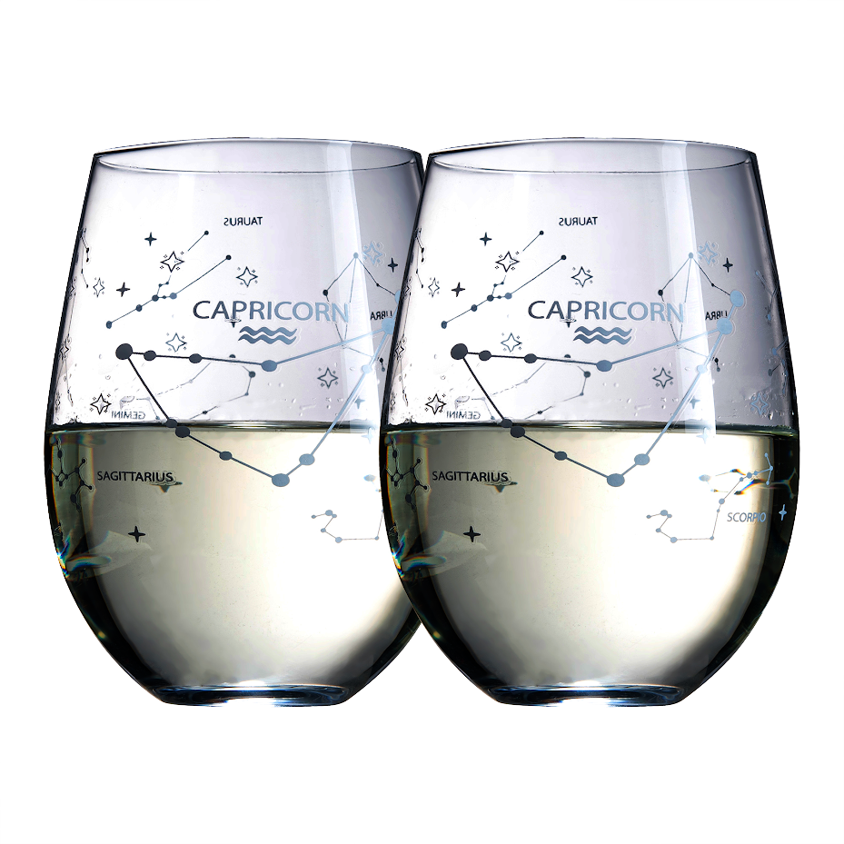 Set of 2 Zodiac Sign Wine Glasses with 2 Wooden Coasters by The Wine Savant - Astrology Drinking Glass Set with Etched Constellation Tumblers for Juice, Water Home Bar Horoscope Gifts 18oz (Capricorn)-0