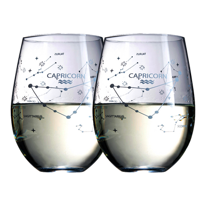 Set of 2 Zodiac Sign Wine Glasses with 2 Wooden Coasters by The Wine Savant - Astrology Drinking Glass Set with Etched Constellation Tumblers for Juice, Water Home Bar Horoscope Gifts 18oz (Capricorn)-0