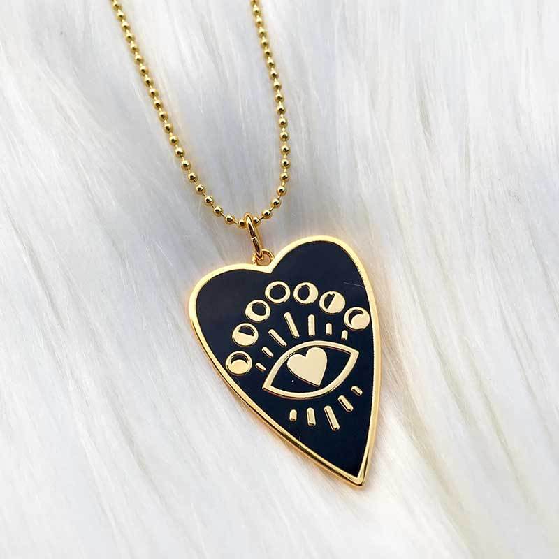 Full Heart Necklace | Moon Phases &amp; Heart Eye | Gold-Plated Metal