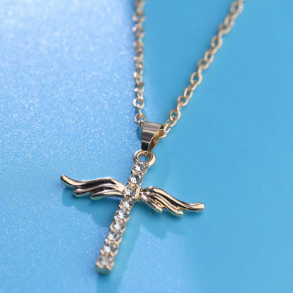 Cross &amp; Angel Wings Pendant Necklace | Alloy with Electroplating