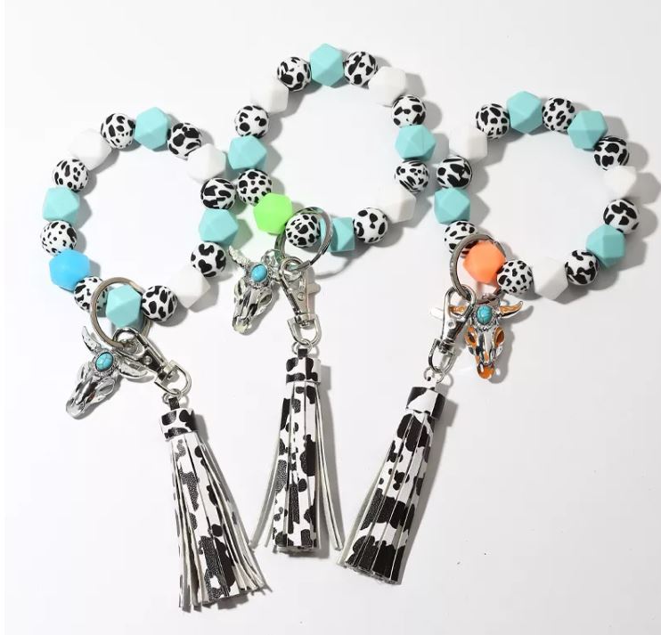 Cow Print Glow in the Dark Bracelet Tassel Keychain or Card Holder Keychain-1