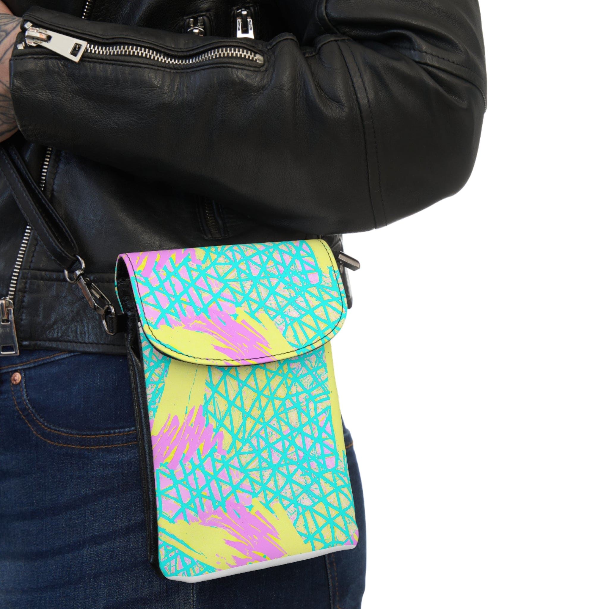 Crossbody Cell Phone Wallet Purse, Cyan Blue Lime Green And Pink Pattern-2