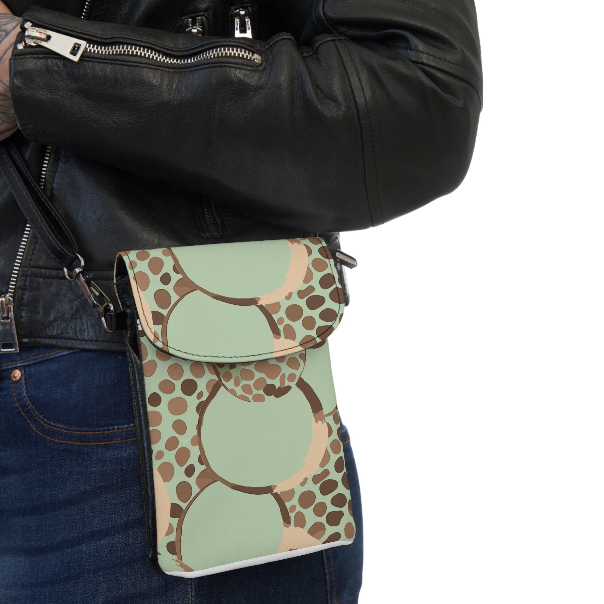 Crossbody Cell Phone Wallet Purse, Mint Green And Brown Spotted Illustration-2