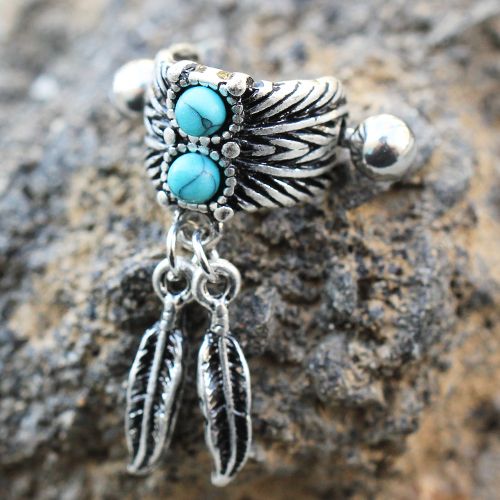 Turquoise &amp; Feather Cartilage Cuff Earring-0