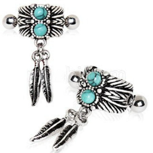 Turquoise &amp; Feather Cartilage Cuff Earring-2