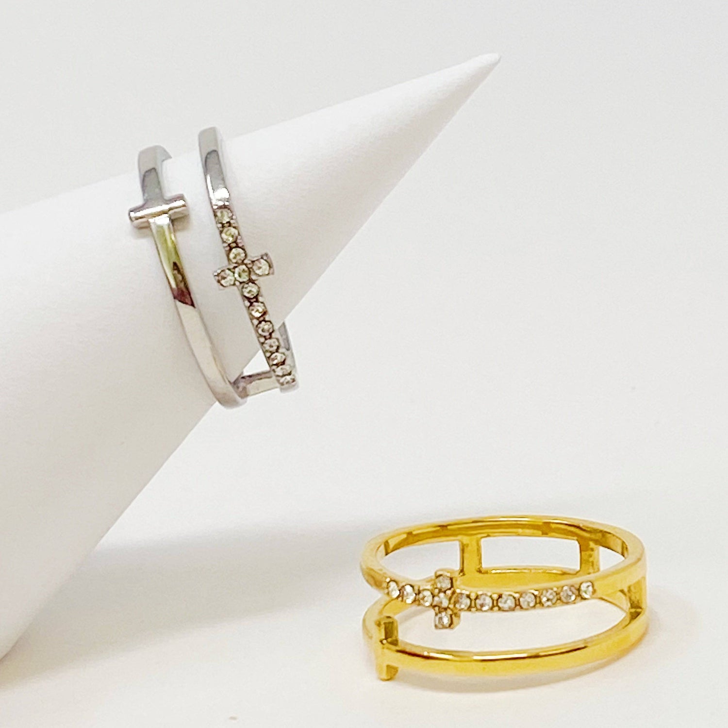 Double Cross Ring | Size 7 | Gold or Silver with Cubic Zirconia Accents