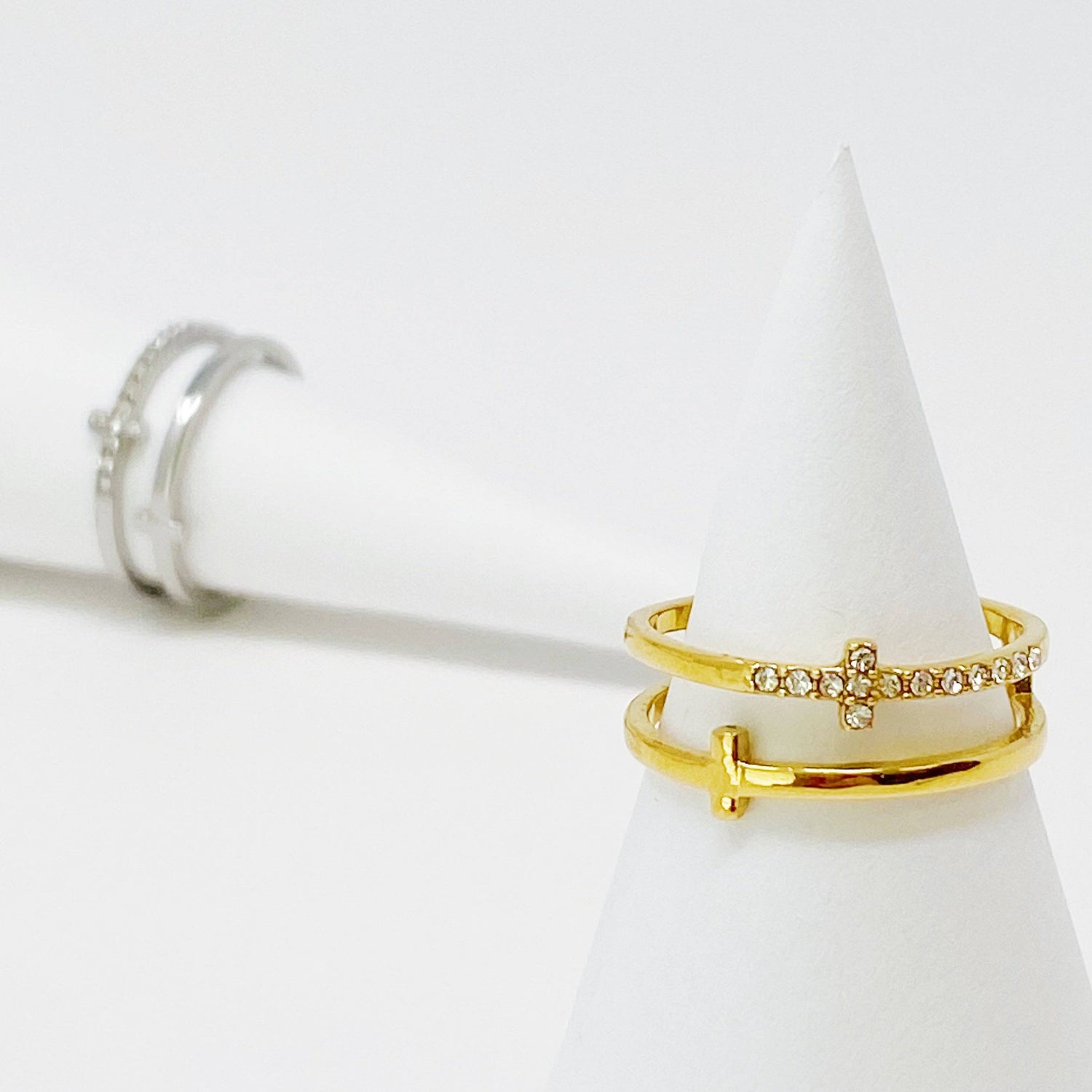 Double Cross Ring | Size 7 | Gold or Silver with Cubic Zirconia Accents