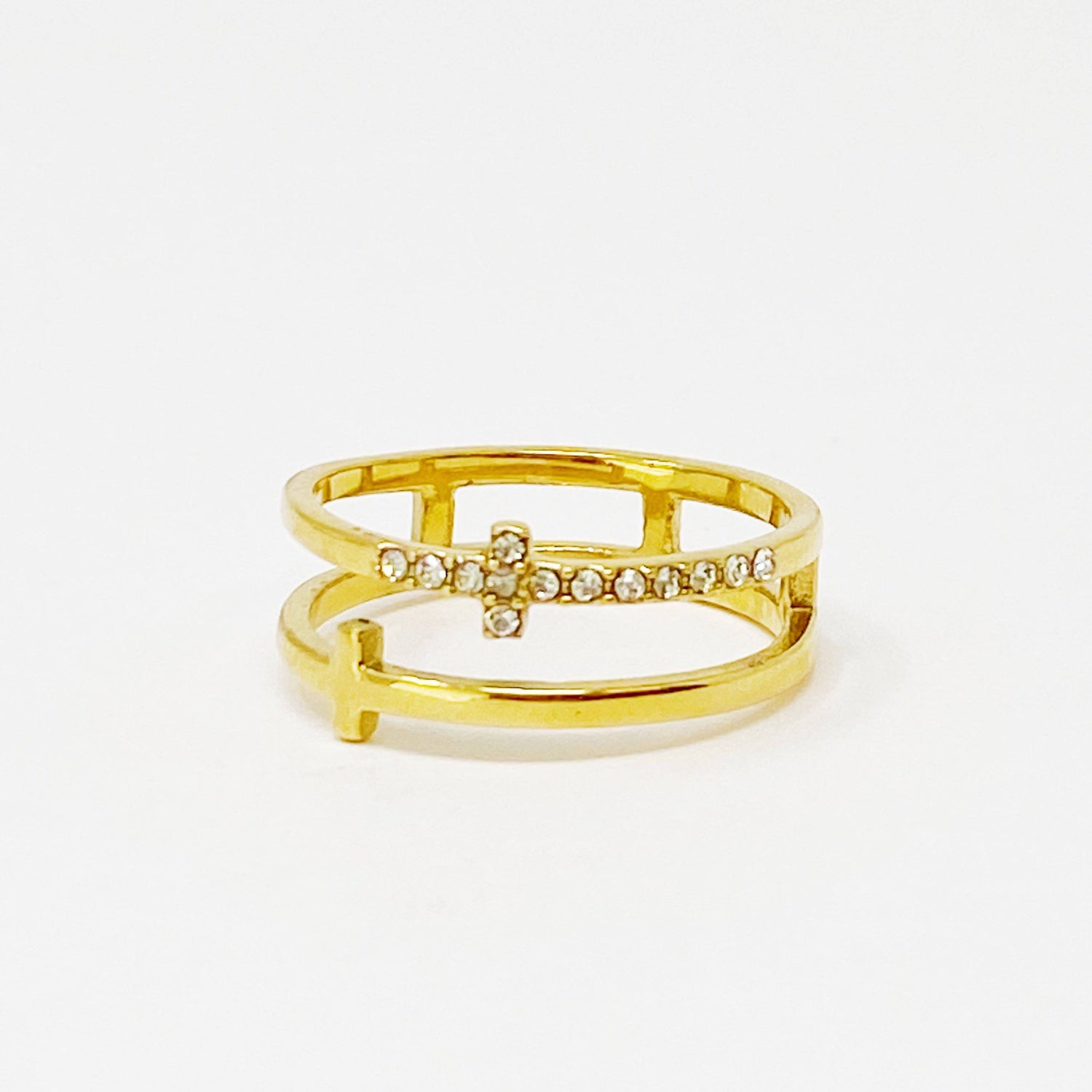 Double Cross Ring | Size 7 | Gold or Silver with Cubic Zirconia Accents