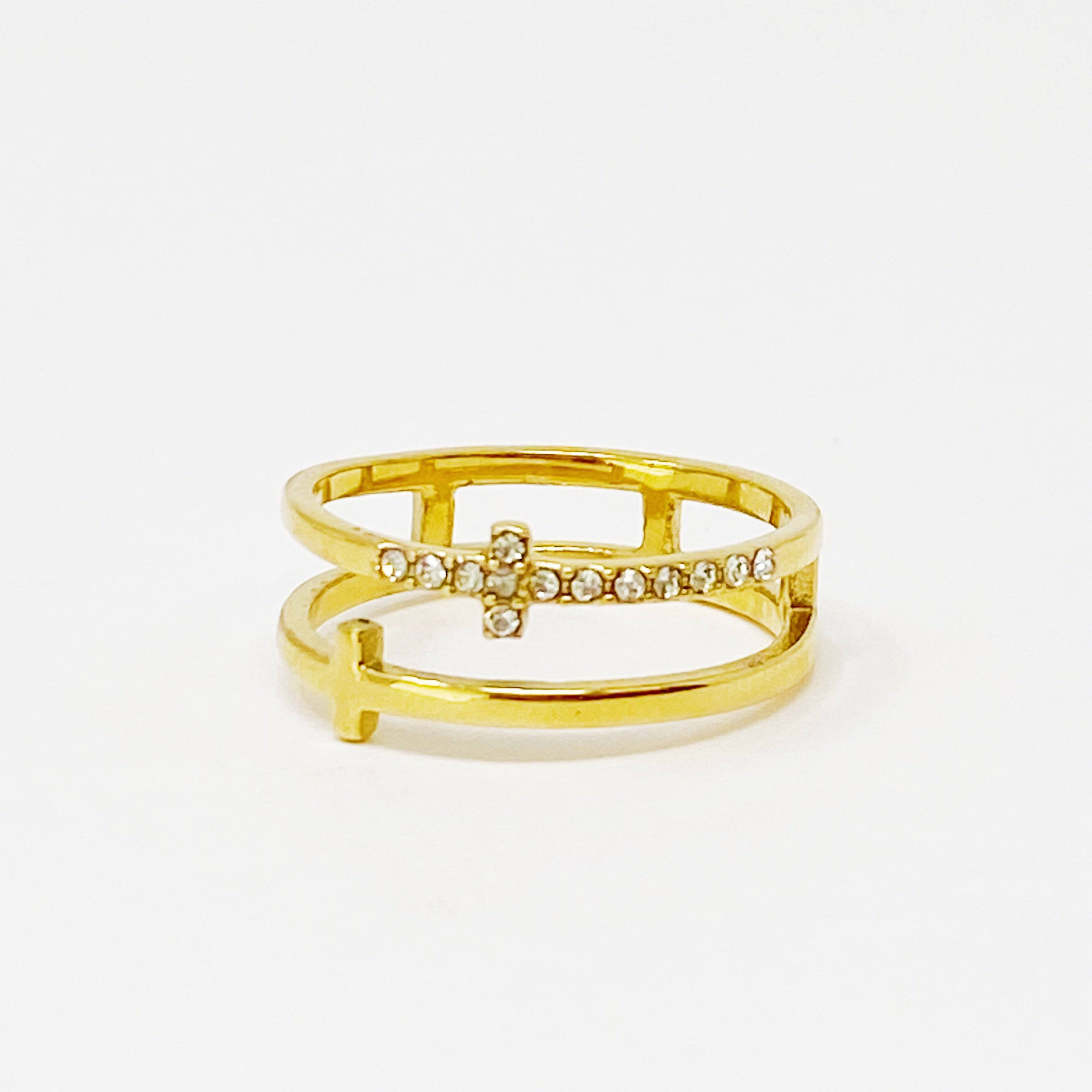 Double Cross Ring | Size 7 | Gold or Silver with Cubic Zirconia Accents