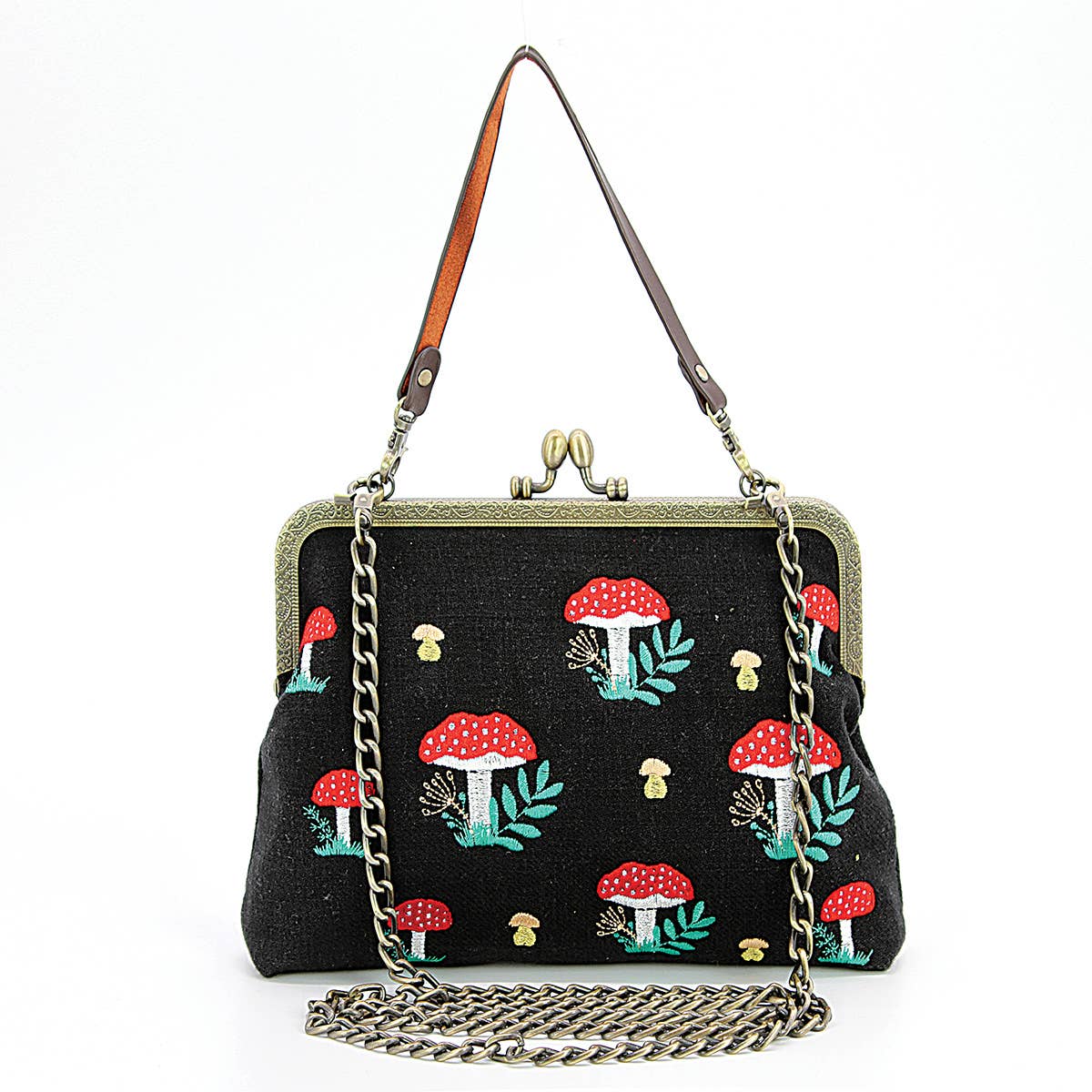 Mushrooms Kisslock Frame Handbag in Cotton: Black-1