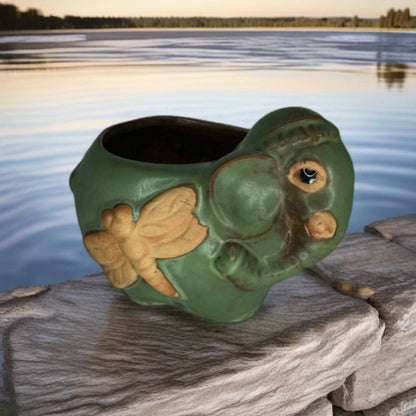 Green Elephant with Dragonfly | Rustic Antique Flower Pot