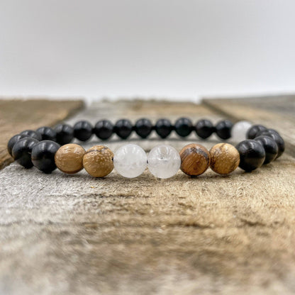 Moonstone, Light Sandalwood, &amp; Blackwood | Crystal Beaded Bracelet