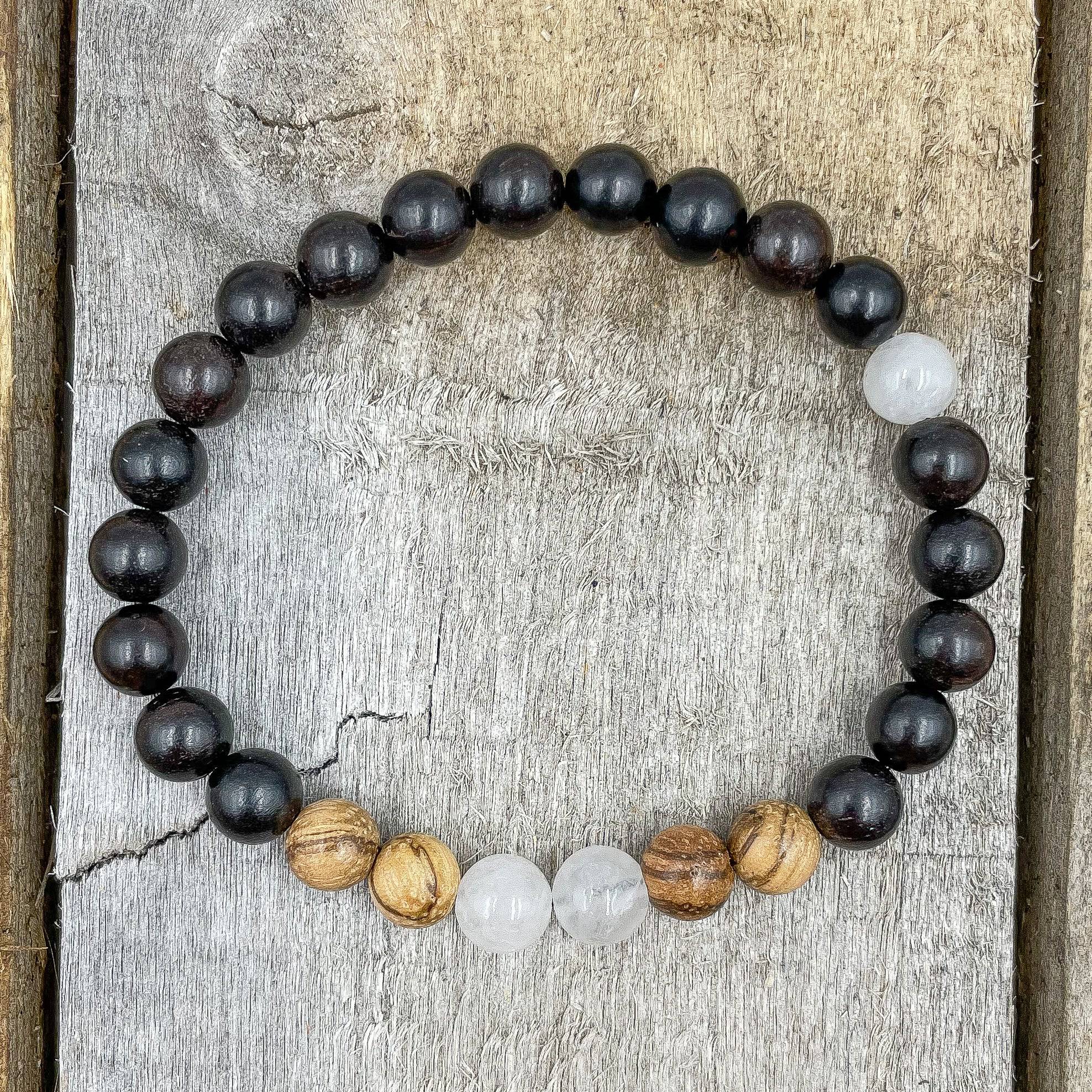 Moonstone, Light Sandalwood, &amp; Blackwood | Crystal Beaded Bracelet