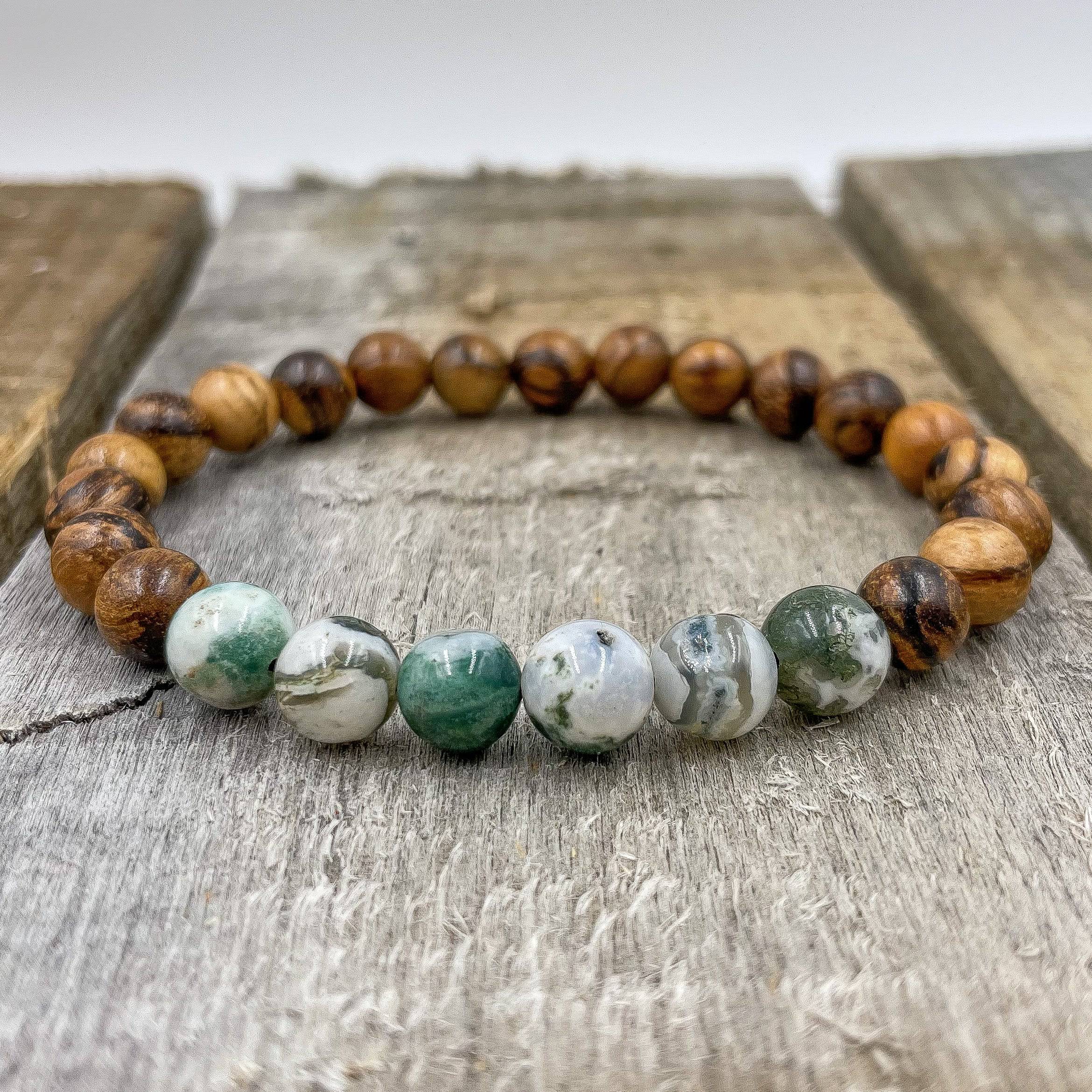 Tree Agate &amp; Dark Sandalwood | Crystal Beaded Bracelet | Natural Stones | Lifetime Warranty