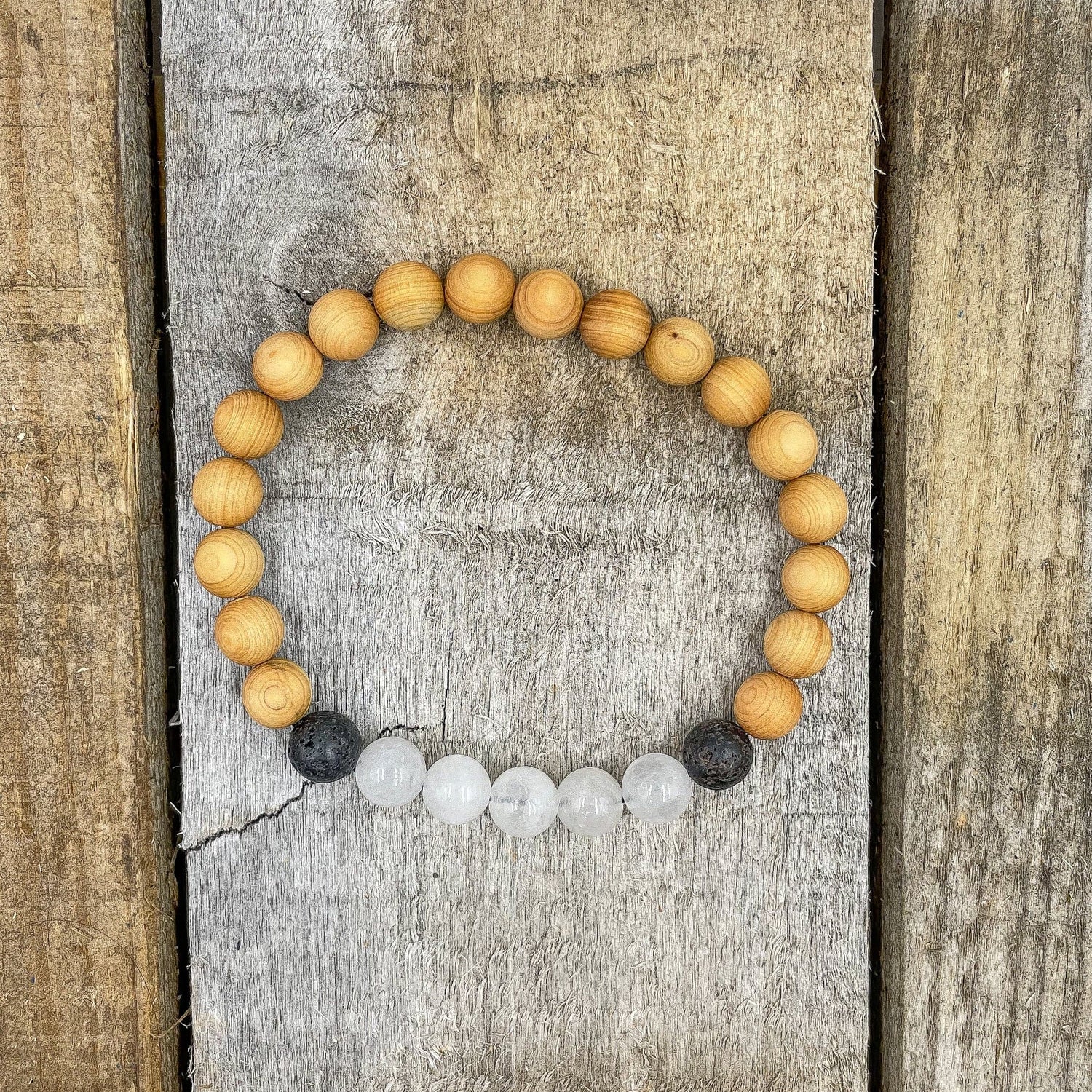 Moonstone, Cedar, &amp; Black Lava Stone | Crystal Beaded Bracelet