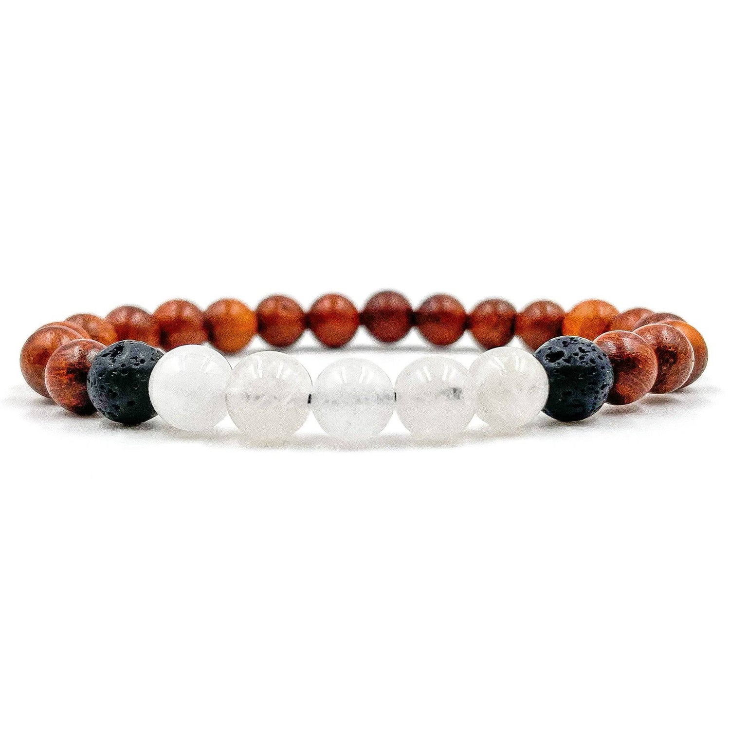 Moonstone, Red Rosewood, &amp; Black Lava Stone | Crystal Beaded Bracelet