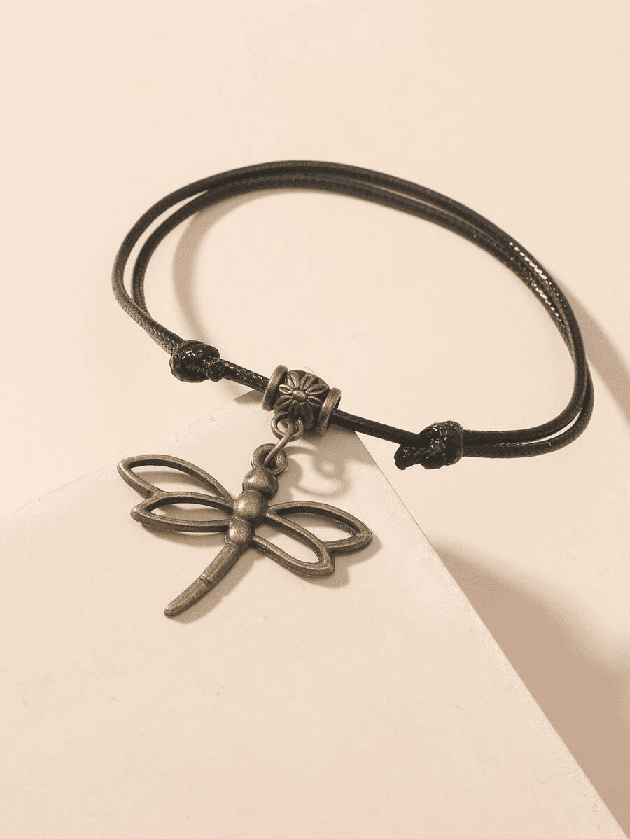 Dragonfly Charm Anklet | Black Adjustable Ankle Bracelet