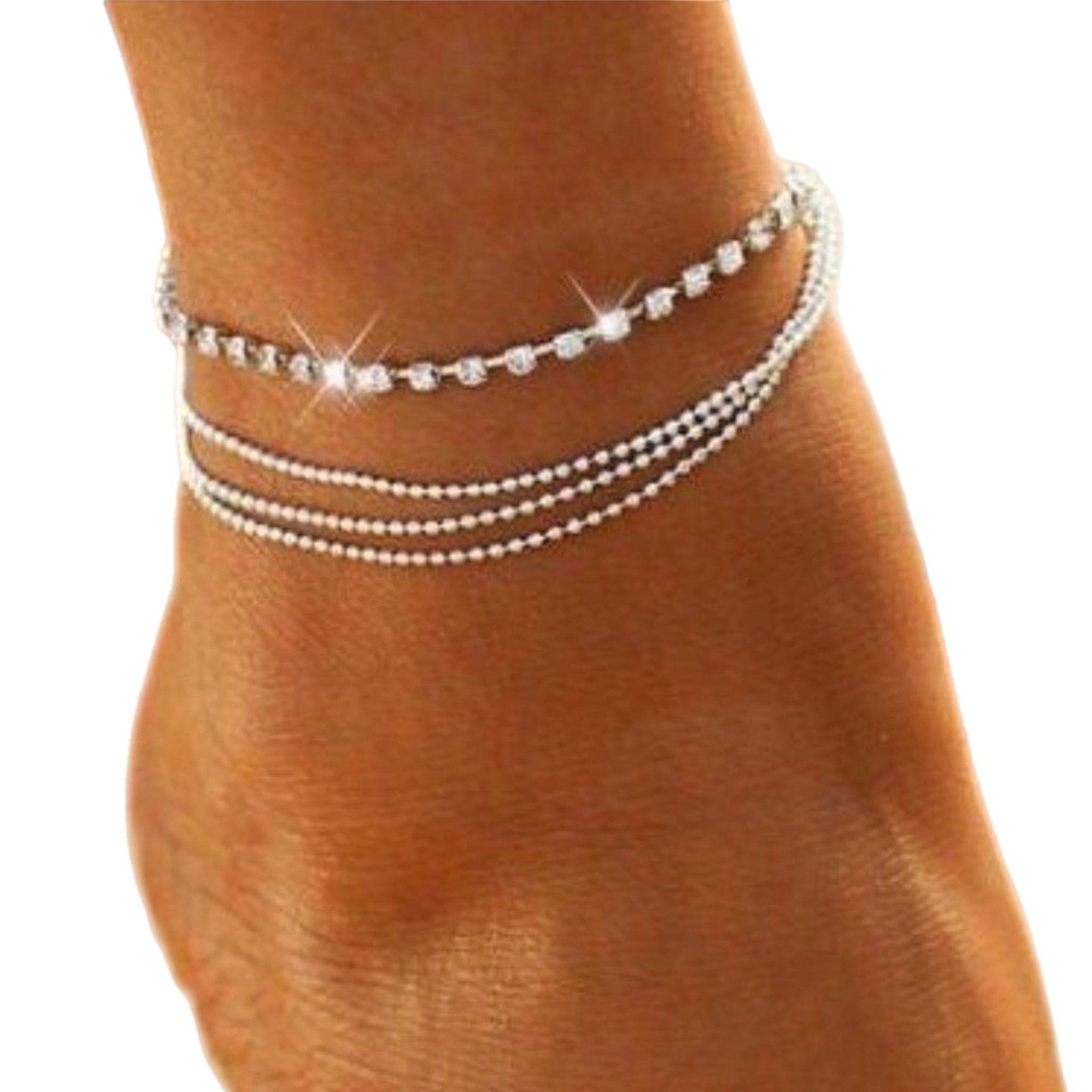 Multi Row Crystal Chain Anklet | Base Metal &amp; Glass Crystal Ankle Bracelet