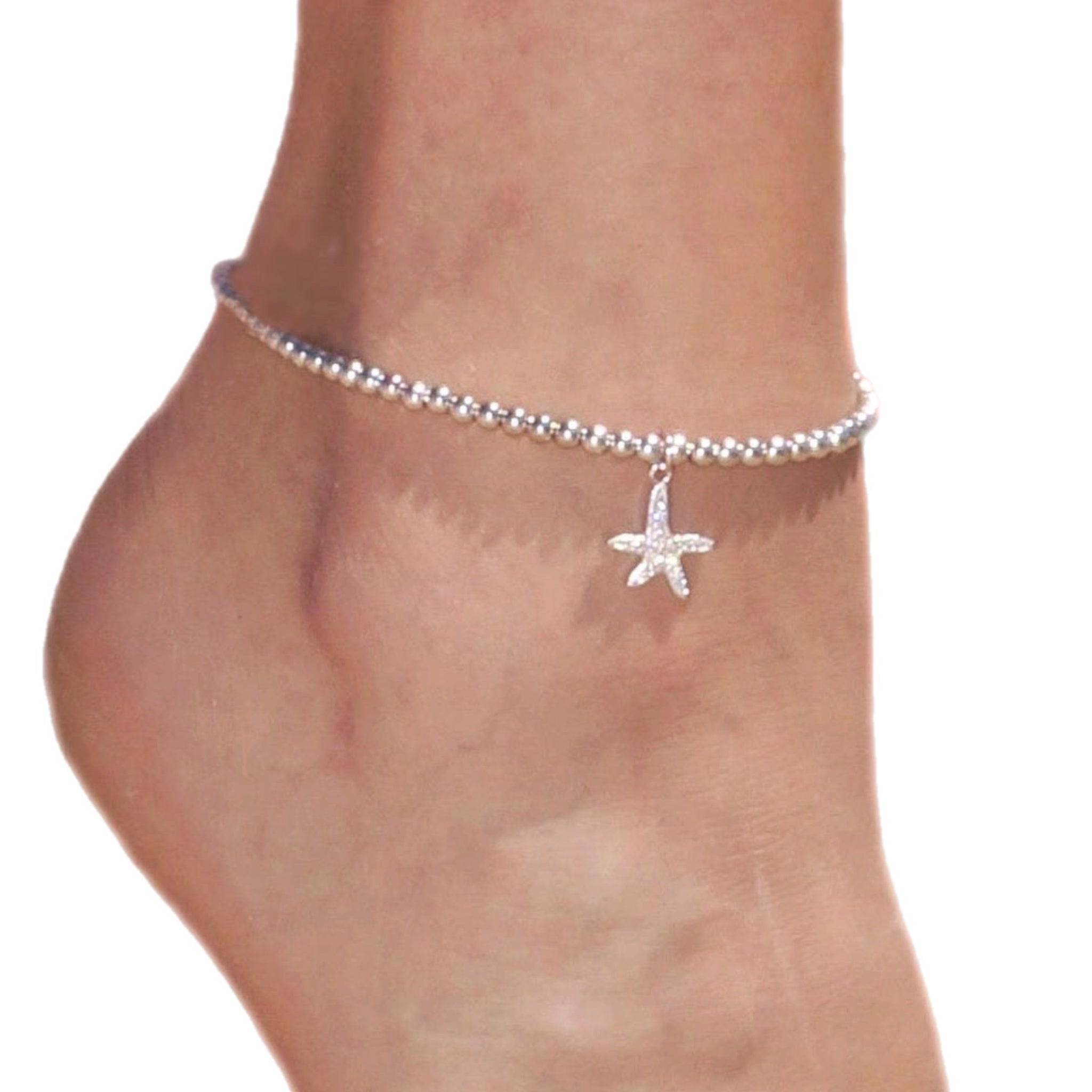 Sparkly Starfish Anklet | Elastic Ankle Bracelet with Silver Beads