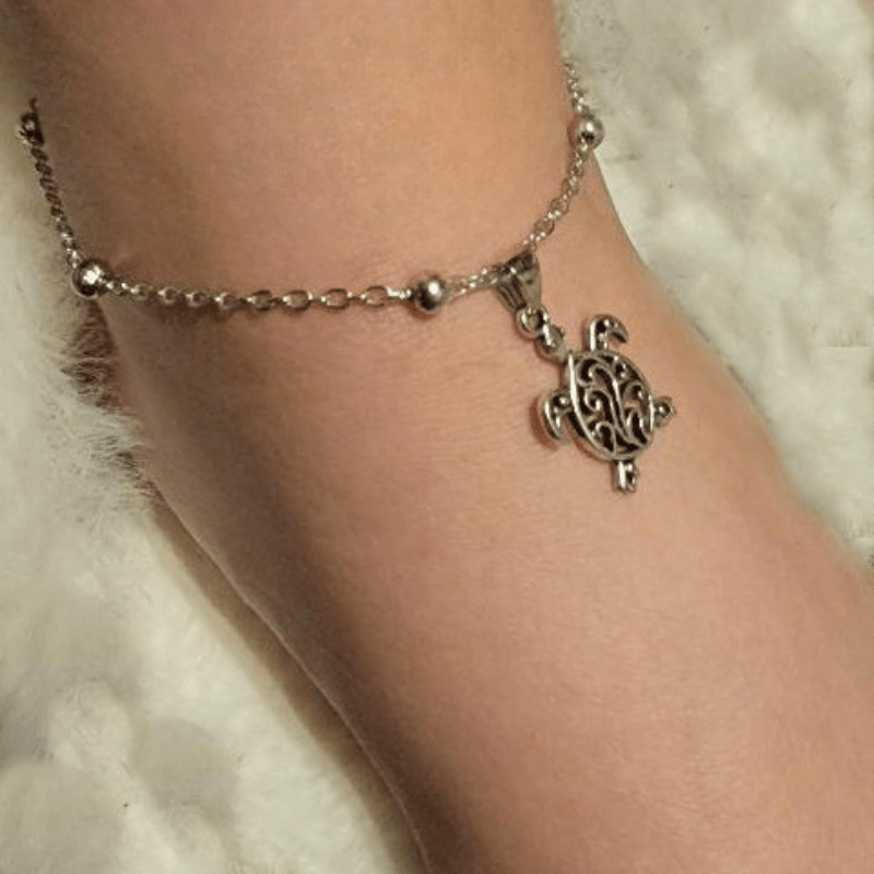 Turtle Beach Anklet | Ankle Bracelet with Swirled Dangling Turtle Charm