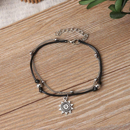 Vintage Boho Multi-Layer Sun Anklet | Leather Ankle Bracelet