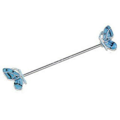 316L Stainless Steel Double Blue Butterfly Industrial Barbell