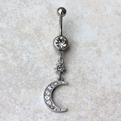 316L Stainless Steel Glittering Moon &amp; Star Dangle Navel Ring