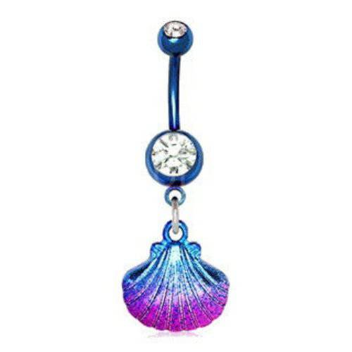 Blue PVD Plated Navel Ring with Blue &amp; Pink Seashell Dangle