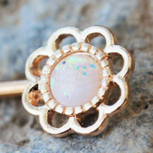 Rose Gold Synthetic Opal Flower Nipple Bar