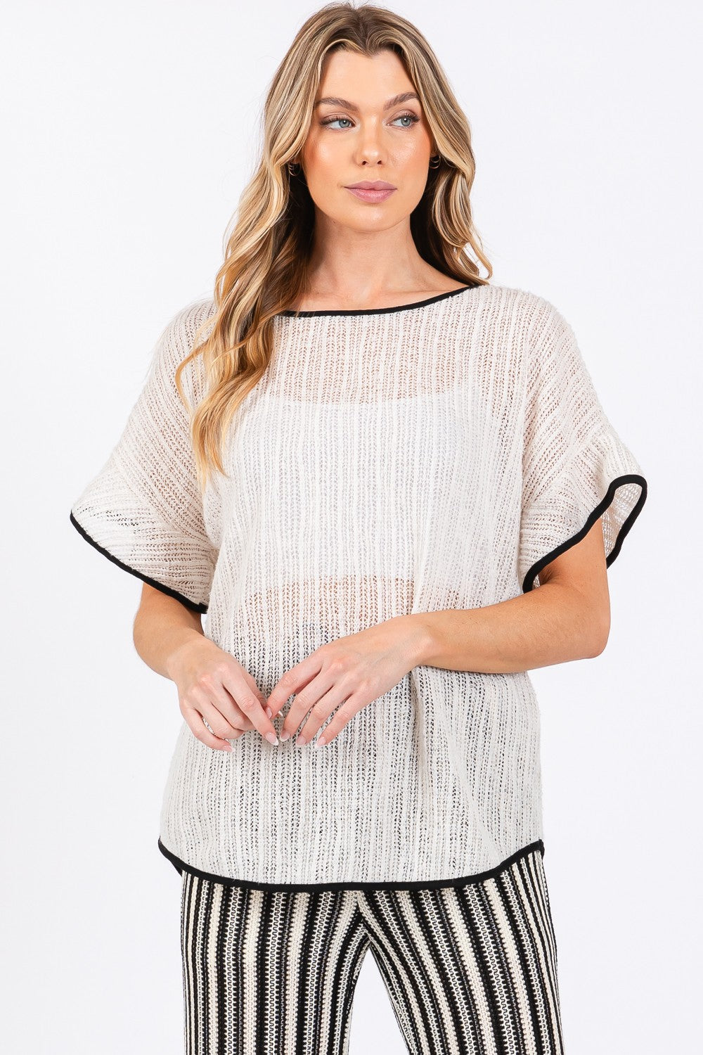 GeeGee Contrast Trim Short Sleeve Knit Cover Up-0