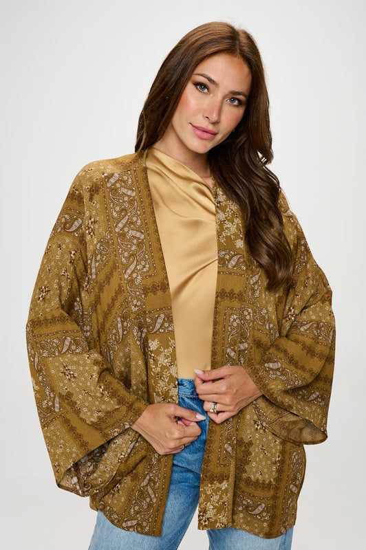 Boho Patch Print Open Front Kimono Cardigan - HartCentered