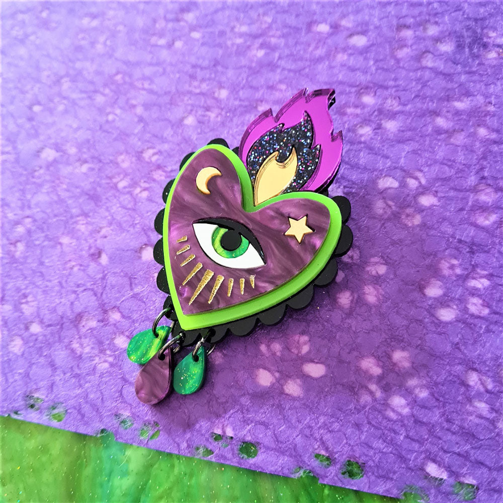 Flaming Heart Brooch Neon Green And Purple - Two Sizes by Cherryloco Jewellery-3