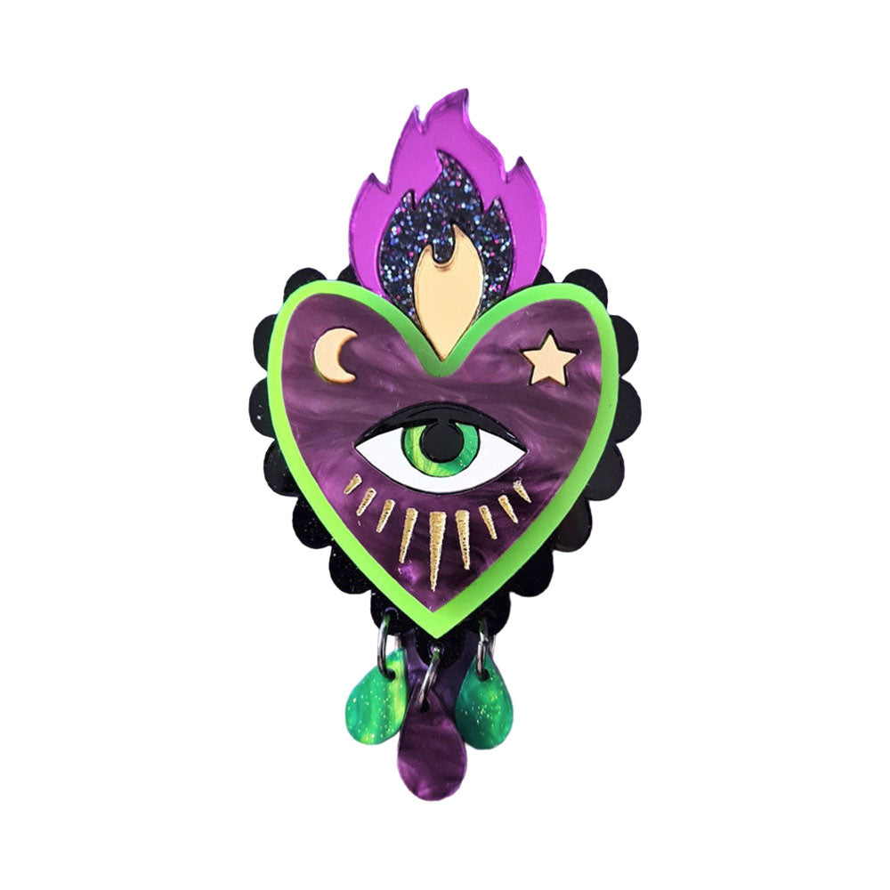 Flaming Heart Brooch Neon Green And Purple - Two Sizes by Cherryloco Jewellery-0