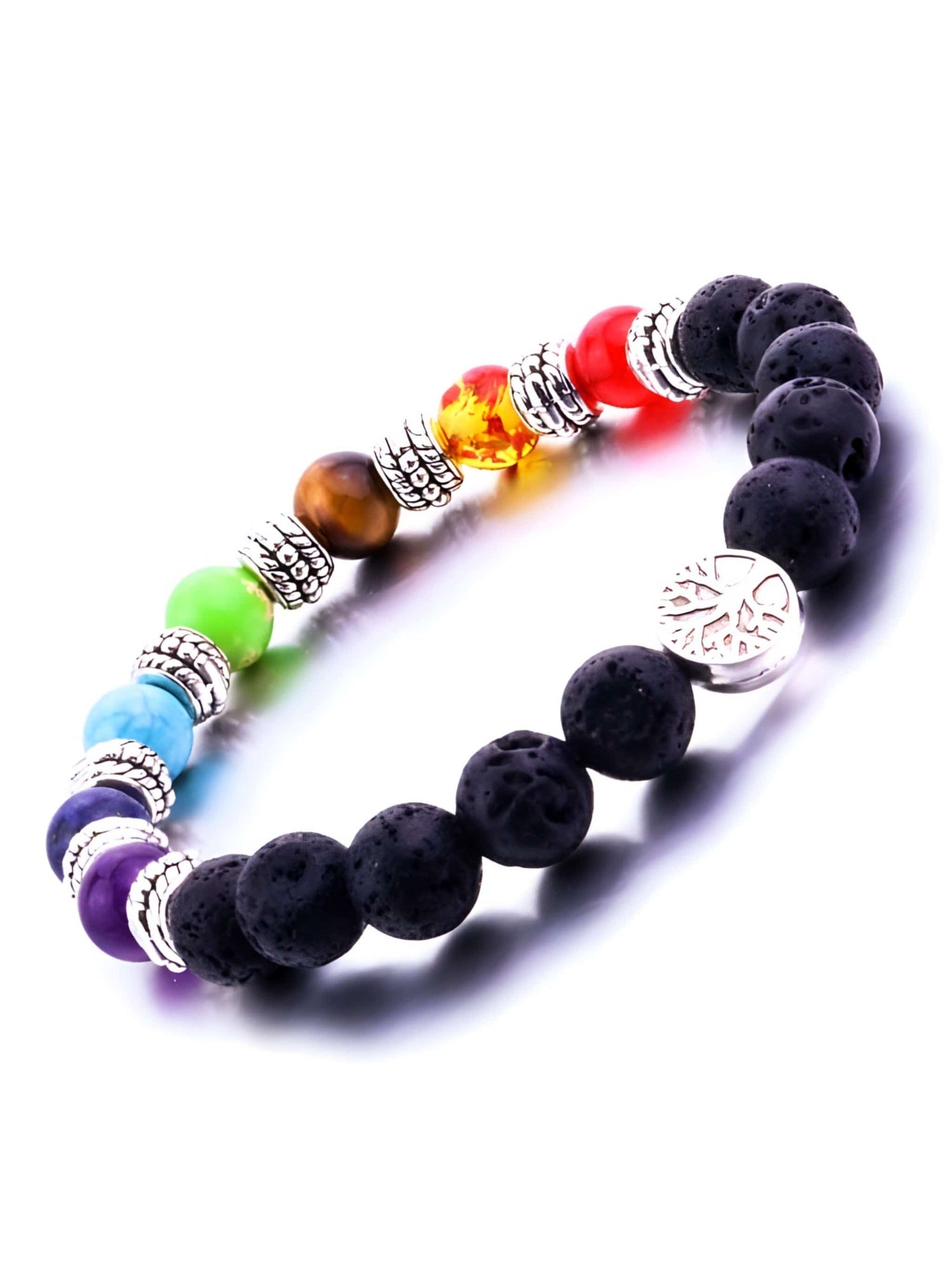 Seven Chakra Crystal &amp; Black Lava Stone | Essential Oil Bracelet