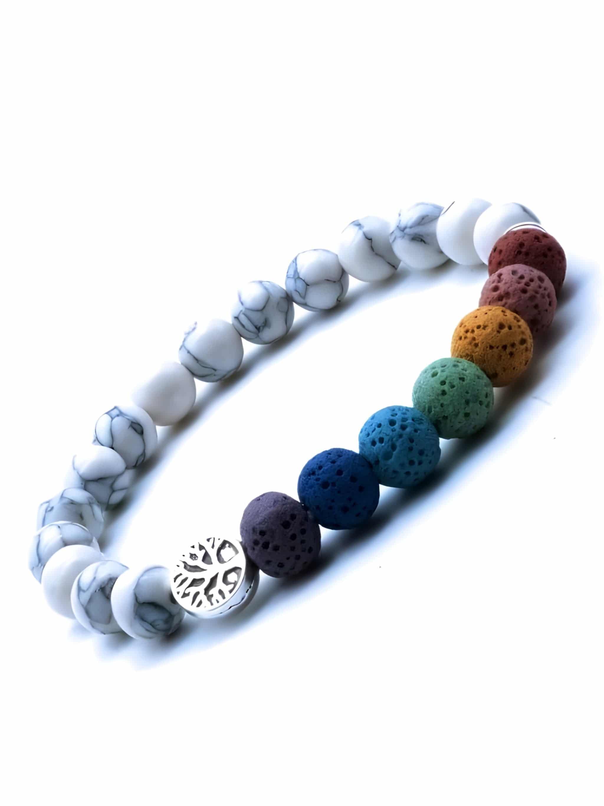 White Howlite &amp; Lava Stone | Seven Chakra Tree of Life | Essential Oil Bracelet