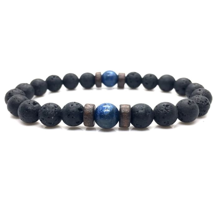 Wood, Blue Crystal &amp; Black Lava Stone | Essential Oil Bracelet