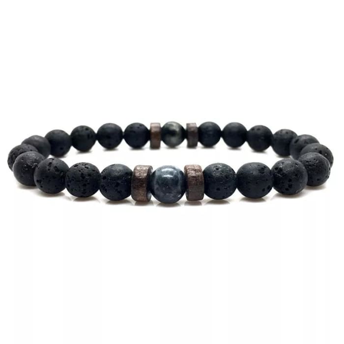 Wood, Gray Crystal &amp; Black Lava Stone | Essential Oil Bracelet