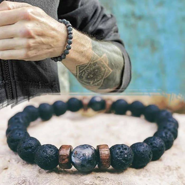 Wood, Gray Crystal &amp; Black Lava Stone | Essential Oil Bracelet