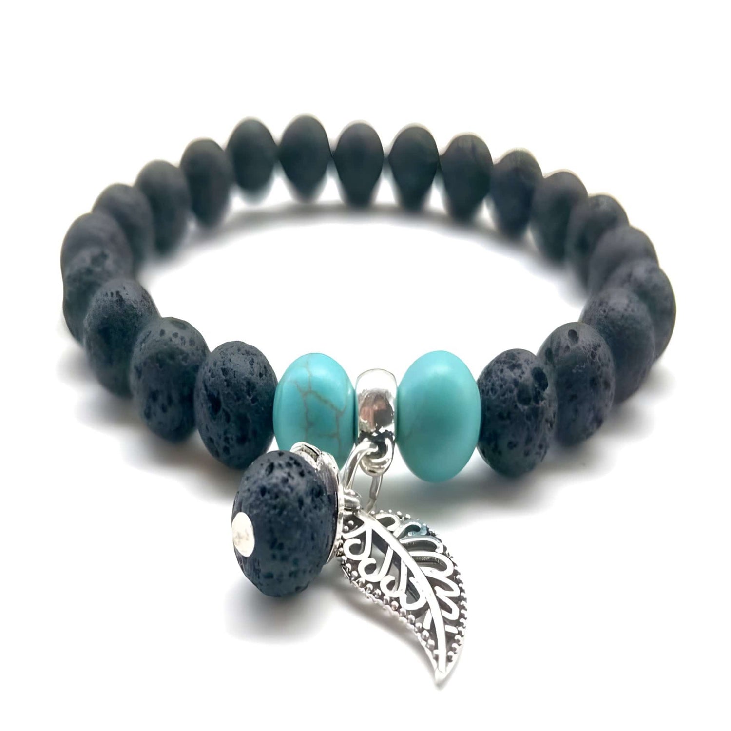 Turquoise and Black Lava Stone with Feather Charm | Essential Oil Bracelet