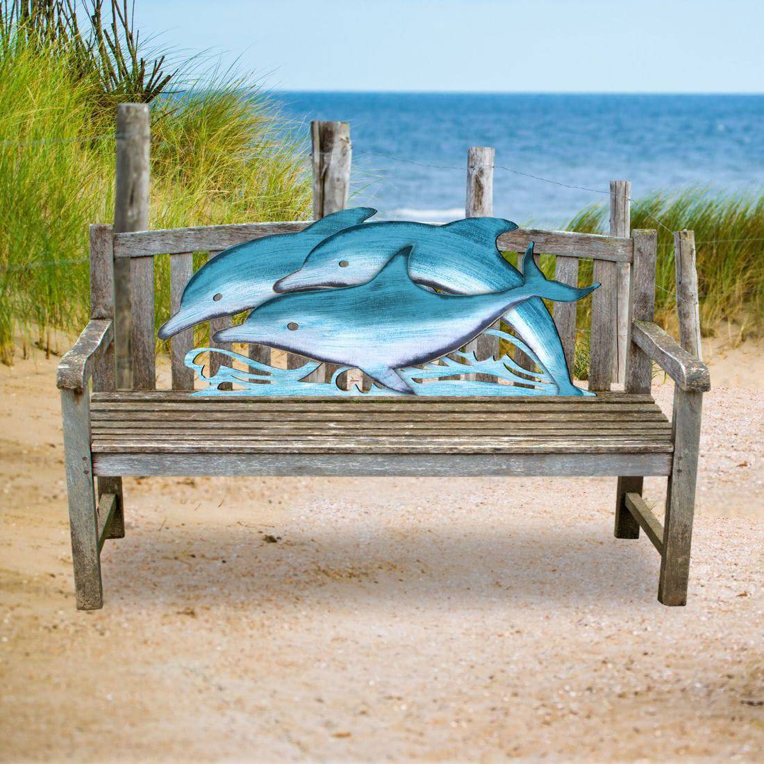 Dolphins Coastal Rustic Bench Wooden Décor| G. DeBrekht | Coastal Sea-Life Décor