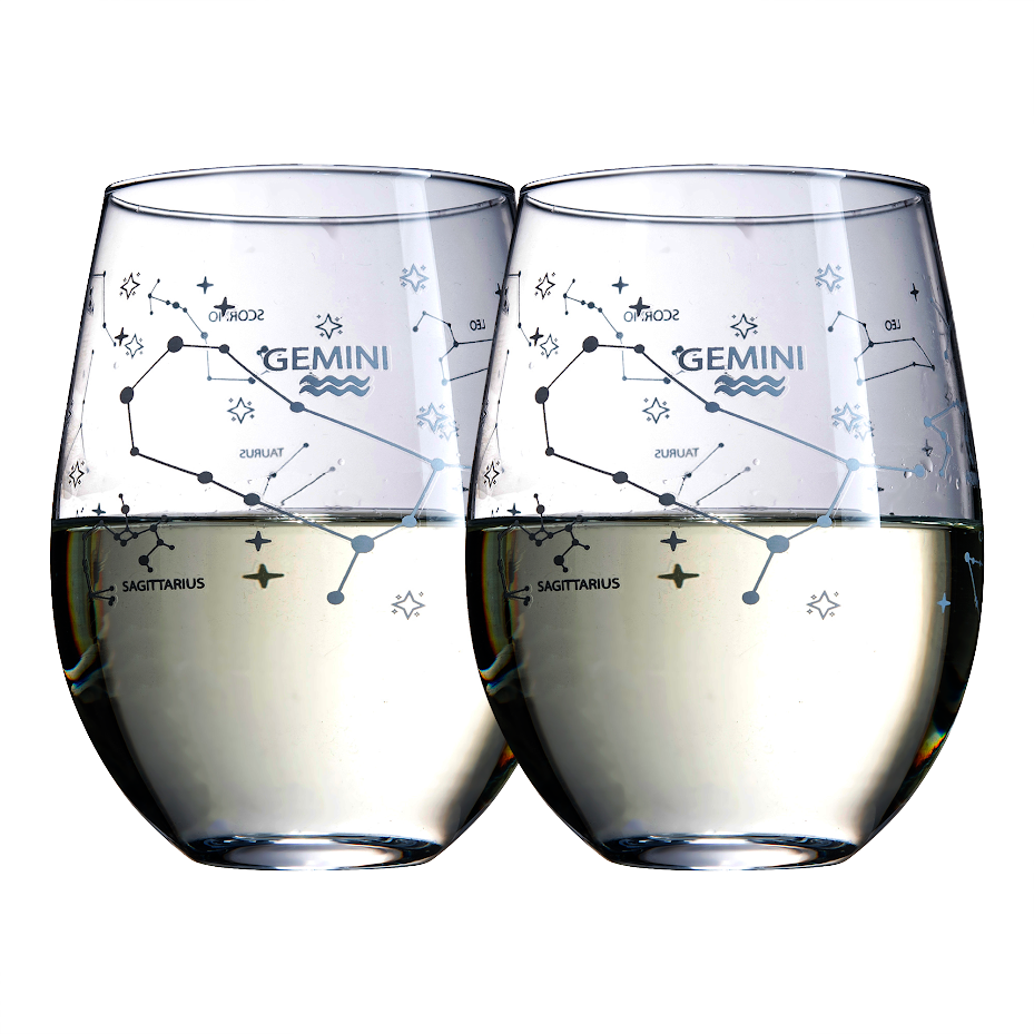 Set of 2 Zodiac Sign Wine Glasses with 2 Wooden Coasters by The Wine Savant - Astrology Drinking Glass Set with Etched Constellation Tumblers for Juice, Water Home Bar Horoscope Gifts 18oz (Gemini)-0