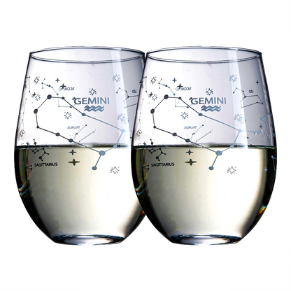 Set of 2 Zodiac Sign Wine Glasses with 2 Wooden Coasters by The Wine Savant - Astrology Drinking Glass Set with Etched Constellation Tumblers for Juice, Water Home Bar Horoscope Gifts 18oz (Gemini)-0