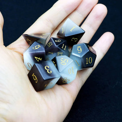 Gemstone: Black White Cat Eye Gold Numbers Dice Set-3