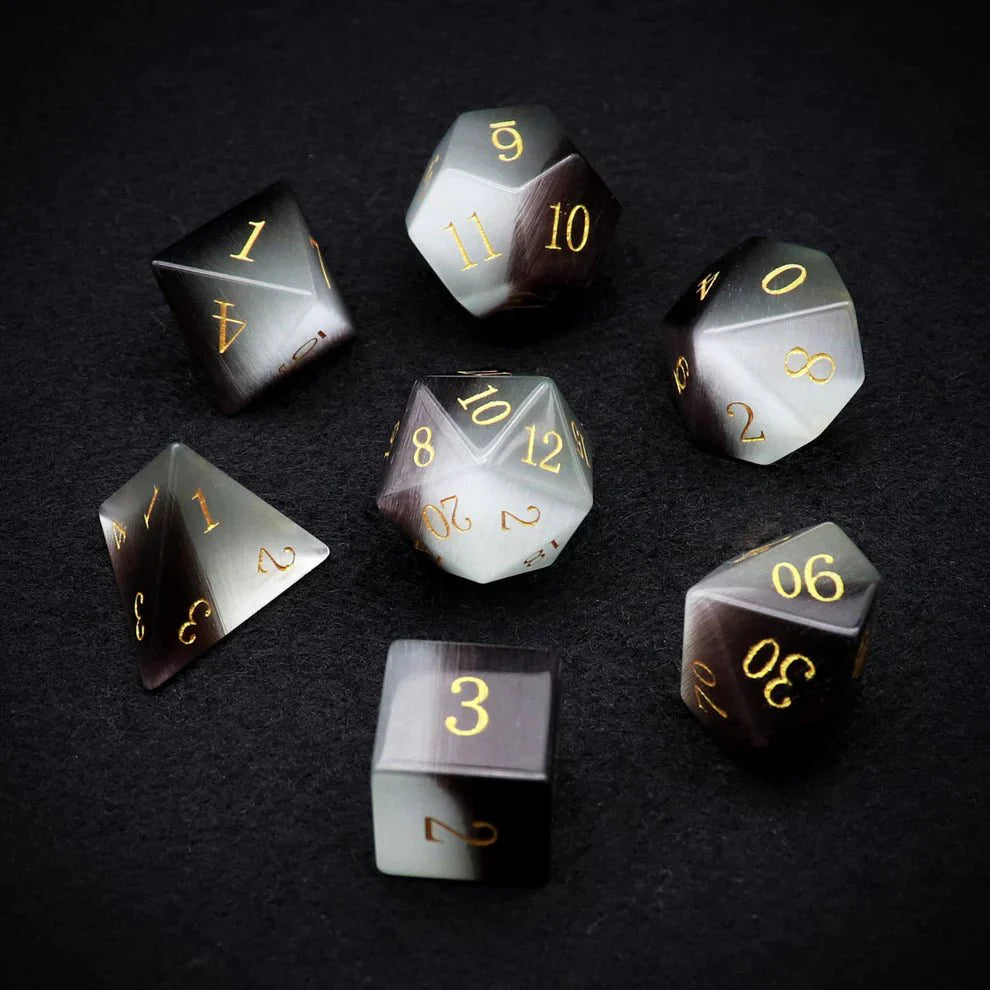 Gemstone: Black White Cat Eye Gold Numbers Dice Set-2