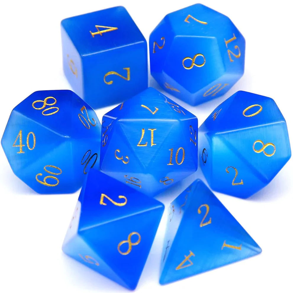 Gemstone: Blue Cat Eye Gold Numbers Dice Set - HartCentered