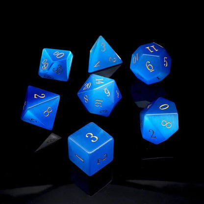 Gemstone: Blue Cat Eye Gold Numbers Dice Set - HartCentered