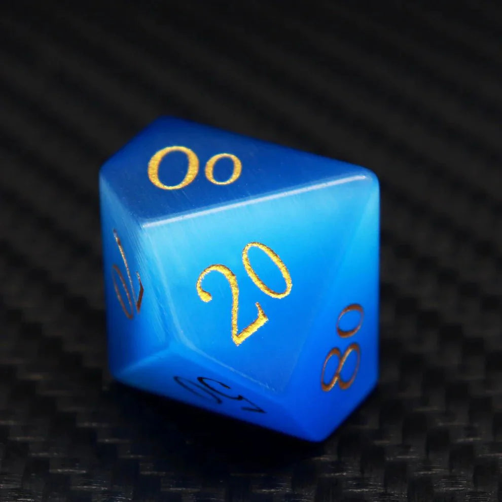 Gemstone: Blue Cat Eye Gold Numbers Dice Set - HartCentered