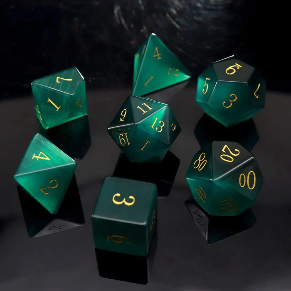 Gemstone: Green Cat Eye Gold Numbers Dice Set-1