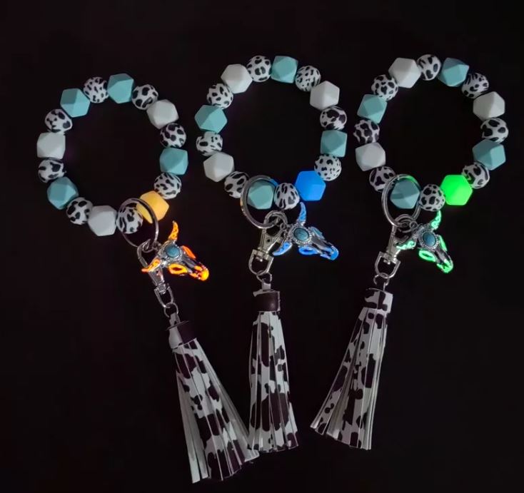 Cow Print Glow in the Dark Bracelet Tassel Keychain or Card Holder Keychain-2