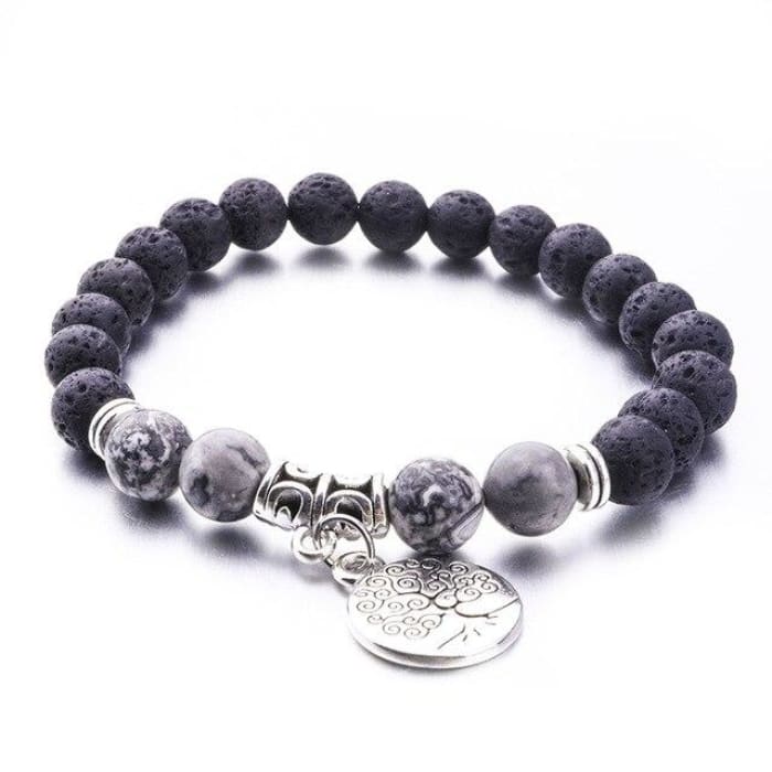 Gray Jasper &amp; Lava Stone | Tree of Life Charm | Essential Oil Bracelet - HartCentered